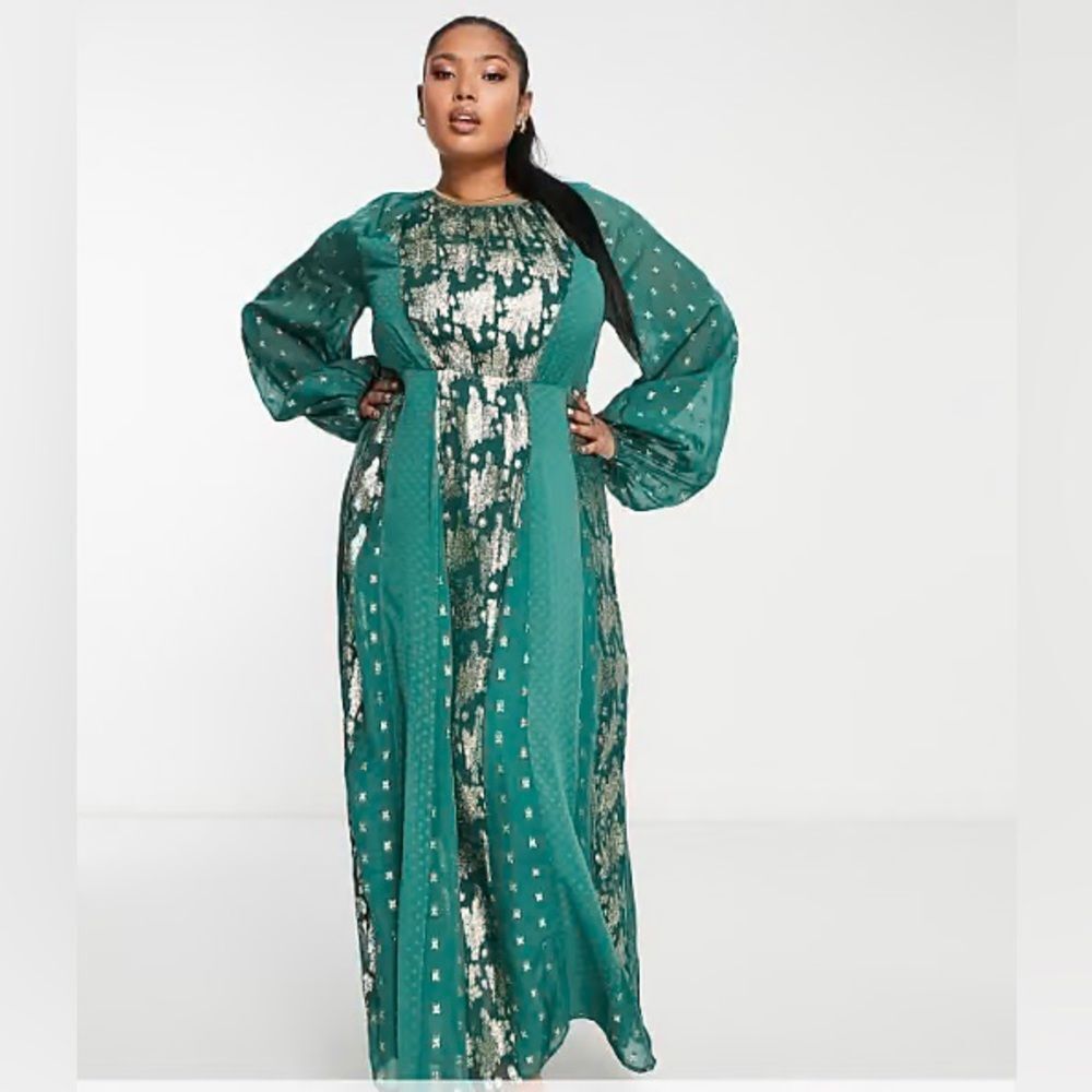 ASOS DESIGN Curve metallic jacquard midi dress w/ elasticated back in pine green
